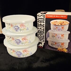 Vintage Floral Porcelain On Steel Stackable Bowls with Lids
